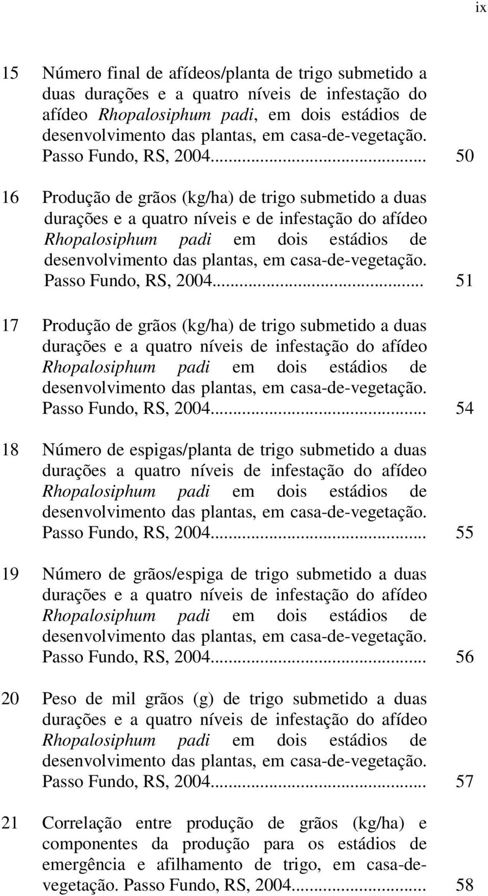 .. 50 16 Produção de grãos (kg/ha) de trigo submetido a duas durações e a quatro níveis e de infestação do afídeo Rhopalosiphum padi em dois estádios de desenvolvimento das plantas, em .