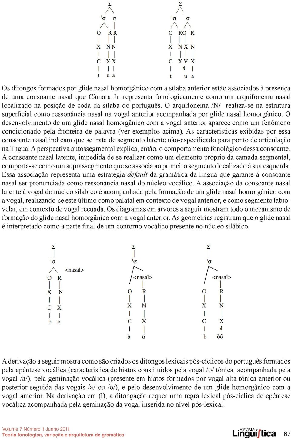 O arquifonema /N/ realiza-se na estrutura superficial como ressonância nasal na vogal anterior acompanhada por glide nasal homorgânico.