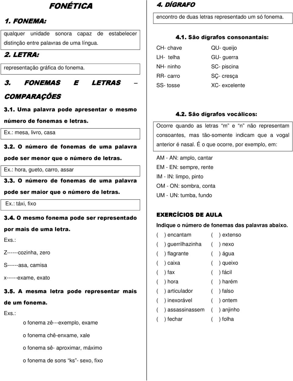 Ex.: táxi, fixo 3.4. O mesmo fonema pode ser representado por mais de uma letra. Exs.: Z------cozinha, zero S------asa, camisa x------exame, exato 3.5.