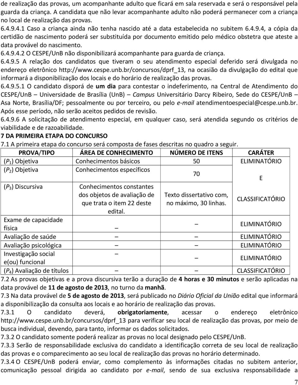 4.9.4, a cópia da certidão de nascimento poderá ser substituída por documento emitido pelo médico obstetra que ateste a data provável do nascimento. 6.4.9.4.2 O CESPE/UnB não disponibilizará acompanhante para guarda de criança.