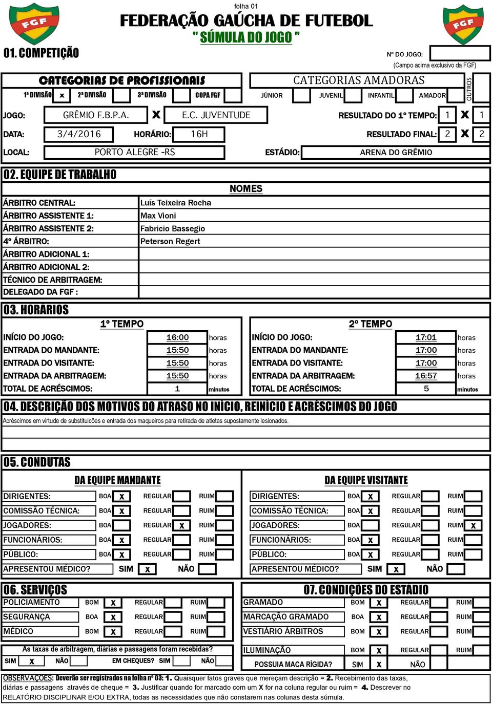 JUVENTUDE RESULTADO DO 1º TEMPO: 1 X 1 DATA: 3/4/2016 HORÁRIO: 16H RESULTADO FINAL: 2 X 2 LOCAL: PORTO ALEGRE -RS ESTÁDIO: ARENA DO GRÊMIO 02.