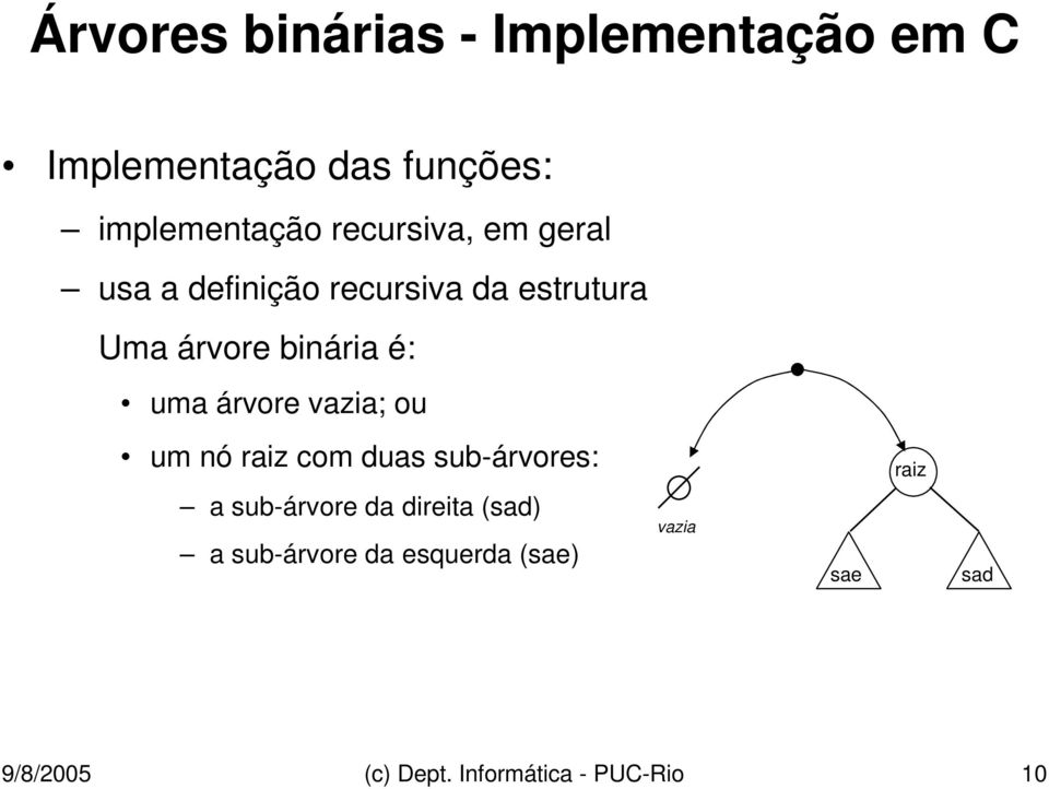 árvore vazia; ou um nó raiz com duas sub-árvores: raiz a sub-árvore da direita (sad)