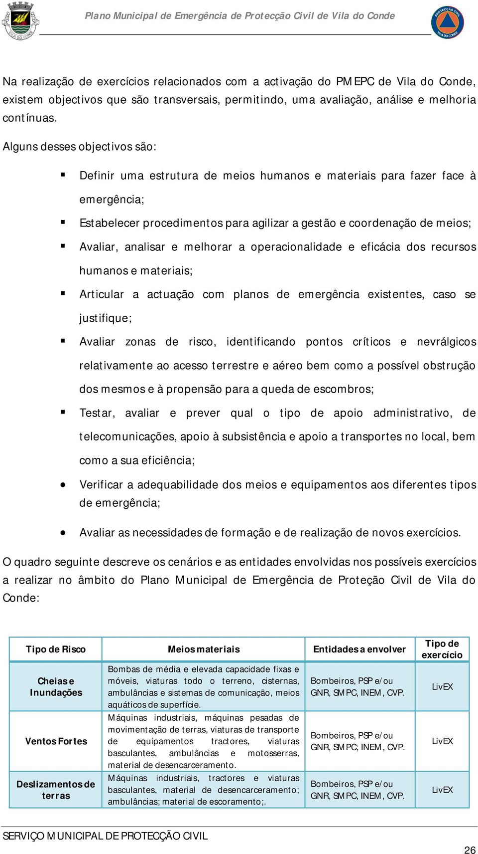 analisar e melhorar a operacionalidade e eficácia dos recursos humanos e materiais; Articular a actuação com planos de emergência existentes, caso se justifique; Avaliar zonas de risco, identificando