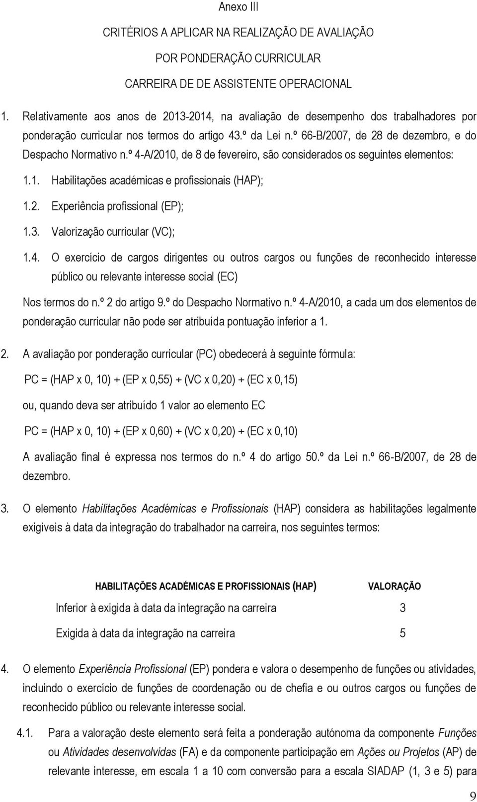 º 4-A/200, de 8 de fevereiro, são considerados os seguintes elementos:.. Habilitações académicas e profissionais (HAP);.2. Experiência profissional (EP);.. Valorização curricular (VC);.4. O exercício de cargos dirigentes ou outros cargos ou funções de reconhecido interesse público ou relevante interesse social (EC) Nos termos do n.