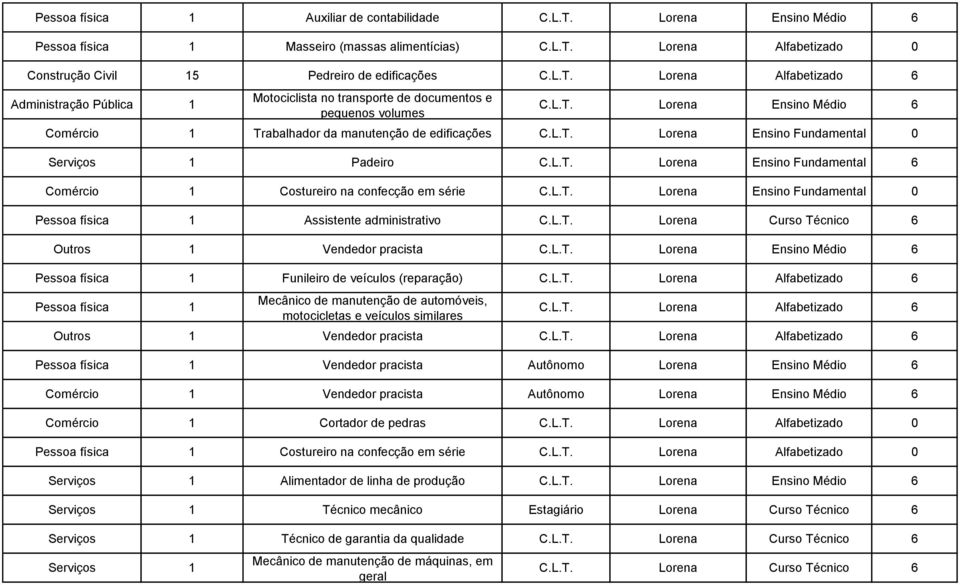 L.T. Lorena Ensino Fundamental 0 Pessoa física 1 Assistente administrativo C.L.T. Lorena Curso Técnico 6 Outros 1 Vendedor pracista C.L.T. Lorena Ensino Médio 6 Pessoa física 1 Funileiro de veículos (reparação) C.