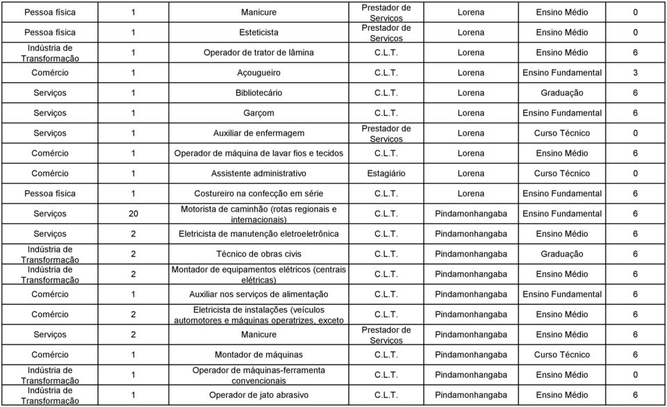 L.T. Lorena Ensino Fundamental 6 20 Motorista de caminhão (rotas regionais e internacionais) C.L.T. Pindamonhangaba Ensino Fundamental 6 2 Eletricista de manutenção eletroeletrônica C.L.T. Pindamonhangaba Ensino Médio 6 2 Técnico de obras civis C.