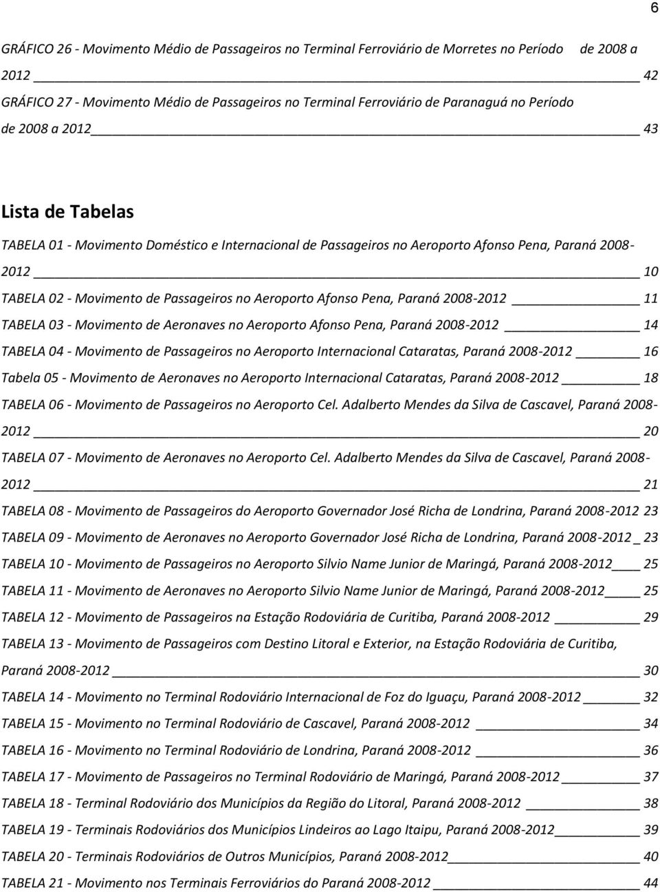 Aeroporto Afonso Pena, Paraná 2008-2012 11 TABELA 03 - Movimento de Aeronaves no Aeroporto Afonso Pena, Paraná 2008-2012 14 TABELA 04 - Movimento de Passageiros no Aeroporto Internacional Cataratas,