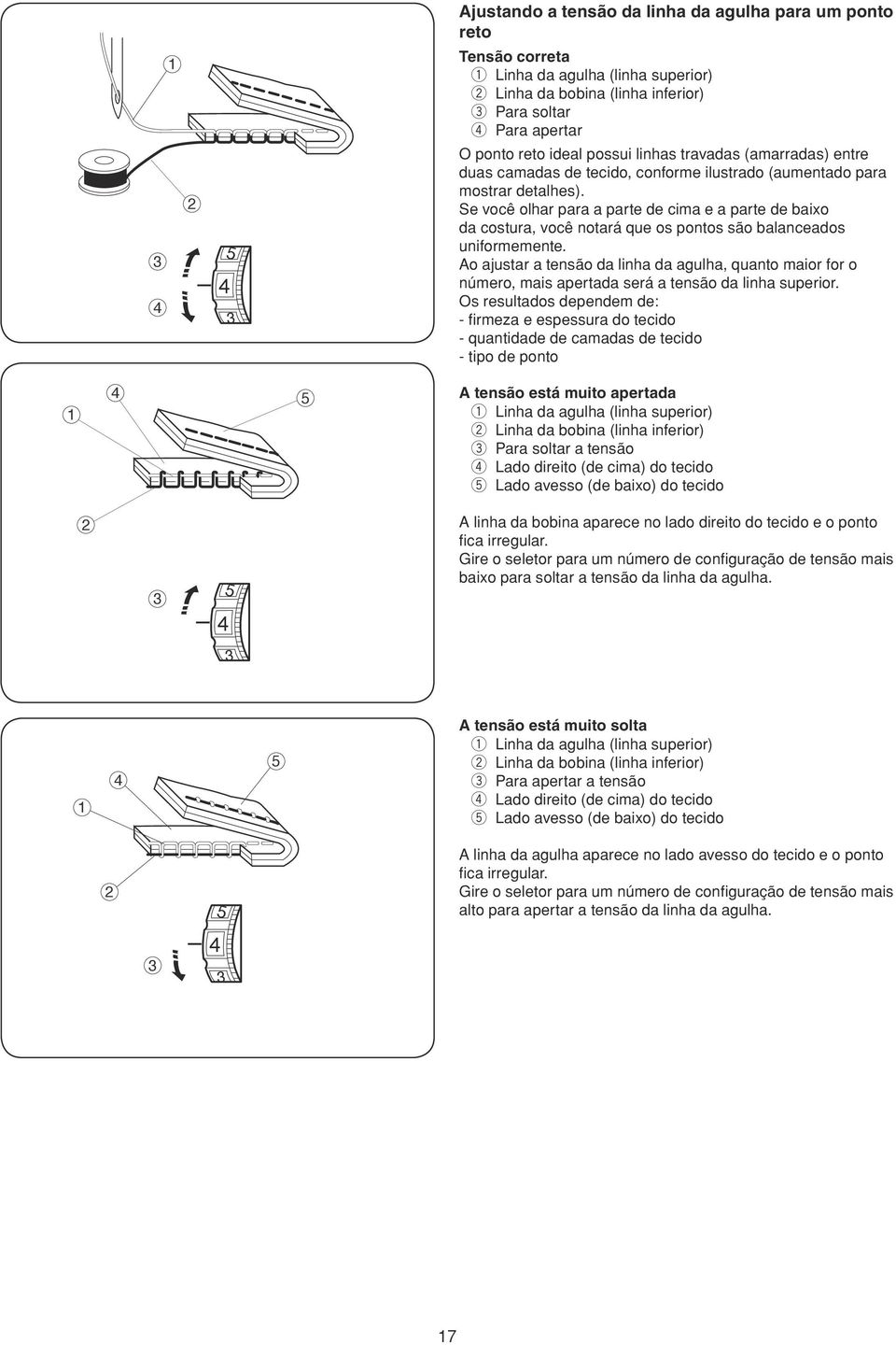 Ao ajusta a tnsão da linha da agulha, uanto maio fo o númo, mais aptada sá a tnsão da linha supio.