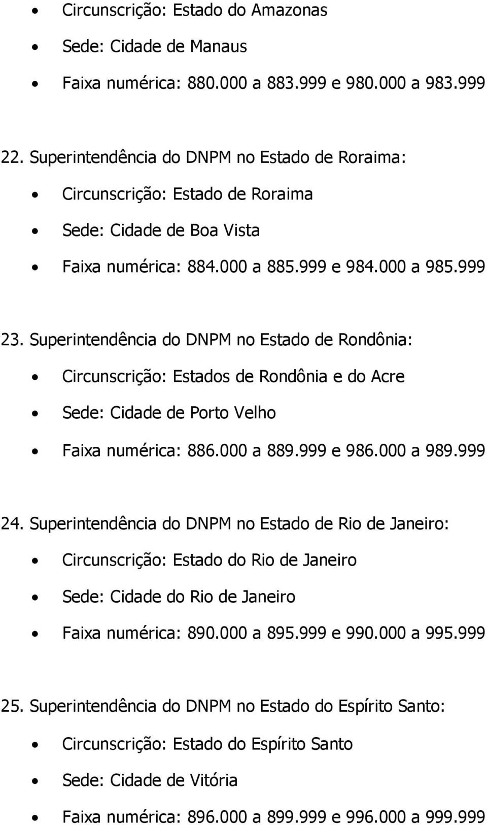 Superintendência do DNPM no Estado de Rondônia: Circunscrição: Estados de Rondônia e do Acre Sede: Cidade de Porto Velho Faixa numérica: 886.000 a 889.999 e 986.000 a 989.999 24.