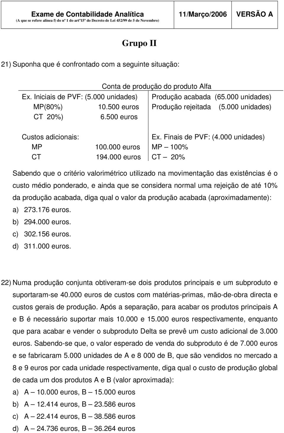 000 euros CT 20% Sabendo que o critério valorimétrico utilizado na movimentação das existências é o custo médio ponderado, e ainda que se considera normal uma rejeição de até 10% da produção acabada,