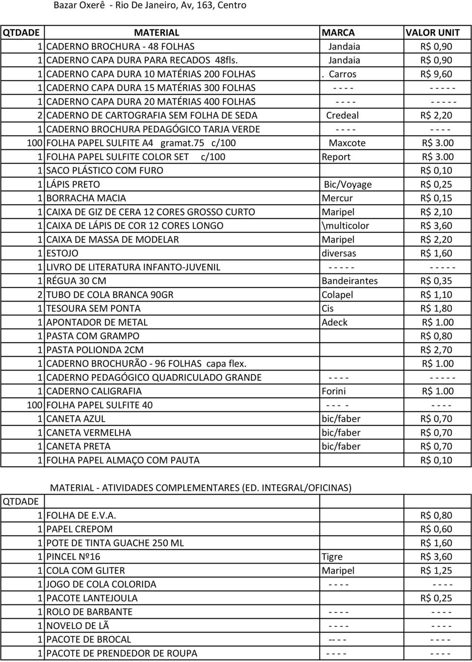 Carros R$ 9,60 1 CADERNO CAPA DURA 15 MATÉRIAS 300 FOLHAS ---- ----- 1 CADERNO CAPA DURA 20 MATÉRIAS 400 FOLHAS ---- ----- 2 CADERNO DE CARTOGRAFIA SEM FOLHA DE SEDA Credeal R$ 2,20 1 CADERNO