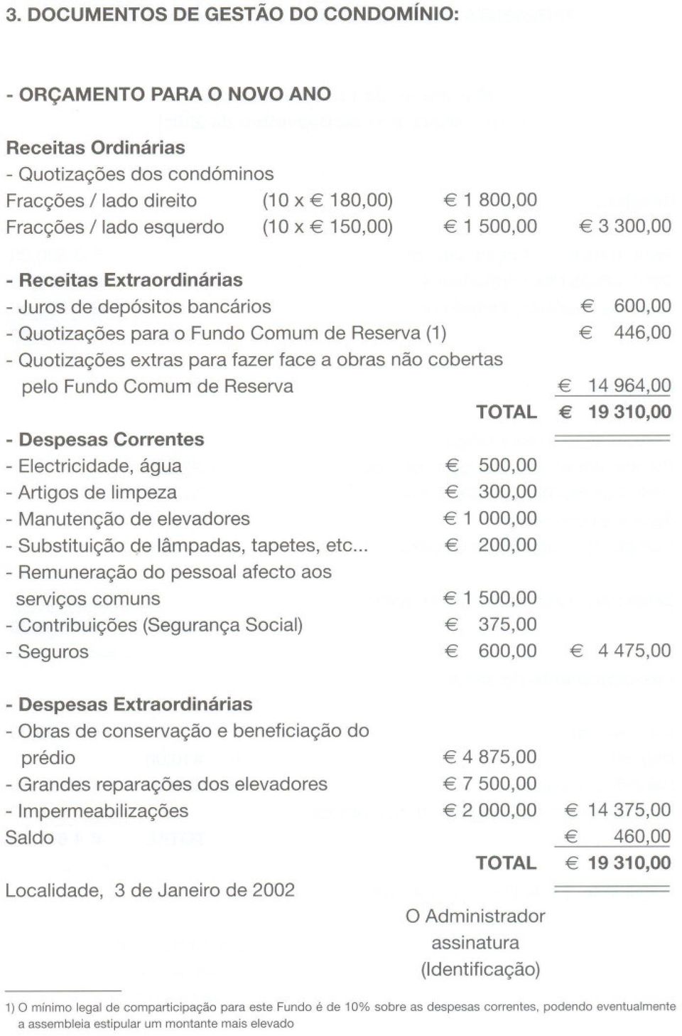 Comum de Reserva - Despesas Correntes - Electricidade, agua - Artigos de limpeza - Manutenyao de elevadores - Substituiyao de lampadas, tapetes, etc.