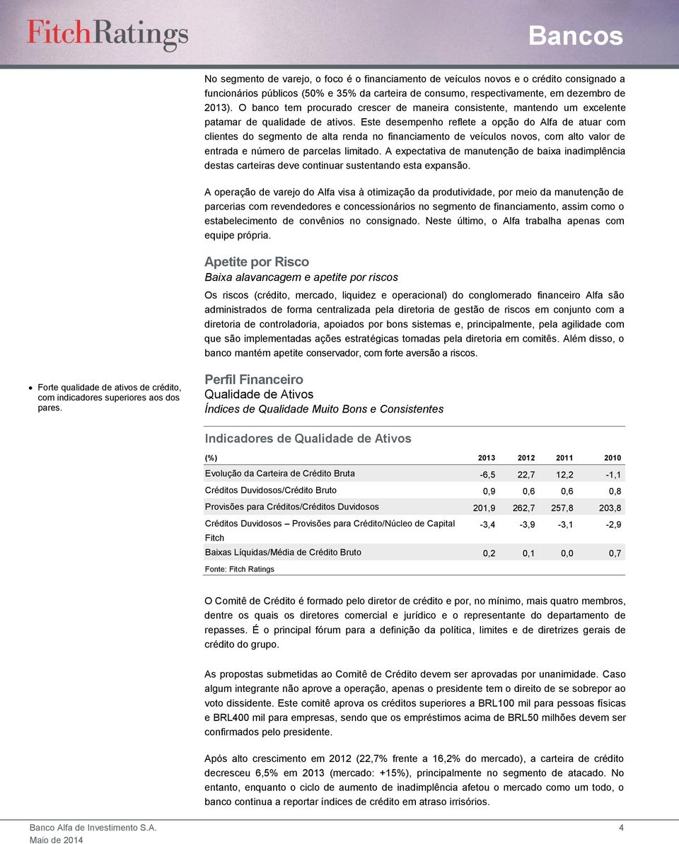 Este desempenho reflete a opção do Alfa de atuar com clientes do segmento de alta renda no financiamento de veículos novos, com alto valor de entrada e número de parcelas limitado.