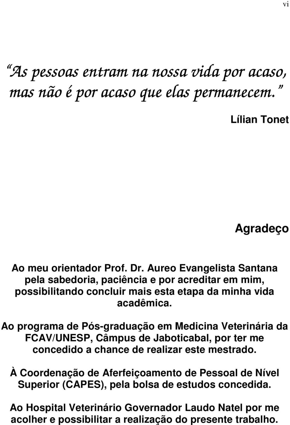 Ao programa de Pós-graduação em Medicina Veterinária da FCAV/UNESP, Câmpus de Jaboticabal, por ter me concedido a chance de realizar este mestrado.
