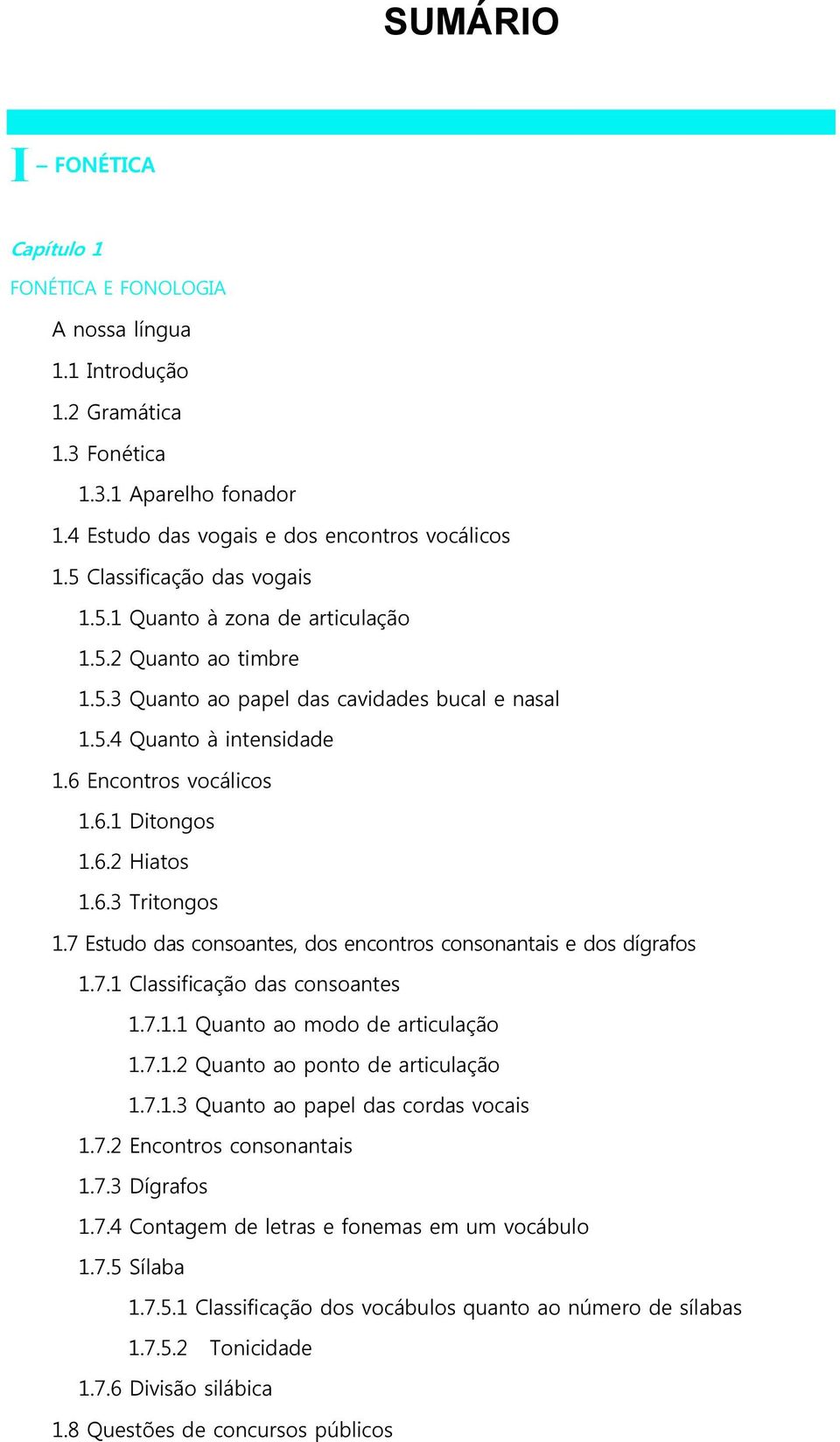 6.2 Hiatos 1.6.3 Tritongos 1.7 Estudo das consoantes, dos encontros consonantais e dos dígrafos 1.7.1 Classificação das consoantes 1.7.1.1 Quanto ao modo de articulação 1.7.1.2 Quanto ao ponto de articulação 1.