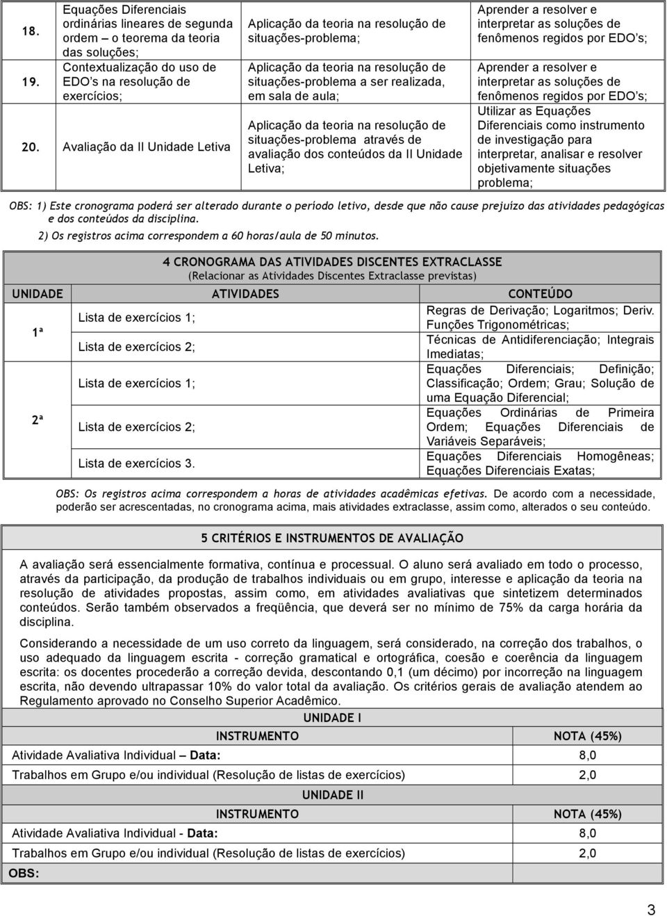 alterado durante o período letivo, desde que não cause prejuízo das atividades pedagógicas e dos conteúdos da disciplina. 2) Os registros acima correspondem a 60 horas/aula de 50 minutos.