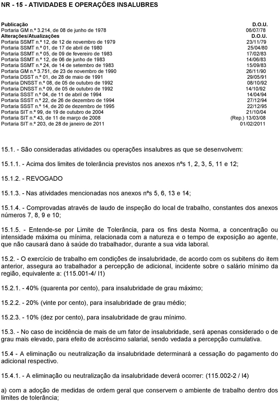 º 12, de 06 de junho de 1983 14/06/83 Portaria SSMT n.º 24, de 14 de setembro de 1983 15/09/83 Portaria GM n.º 3.751, de 23 de novembro de 1990 26/11/90 Portaria DSST n.