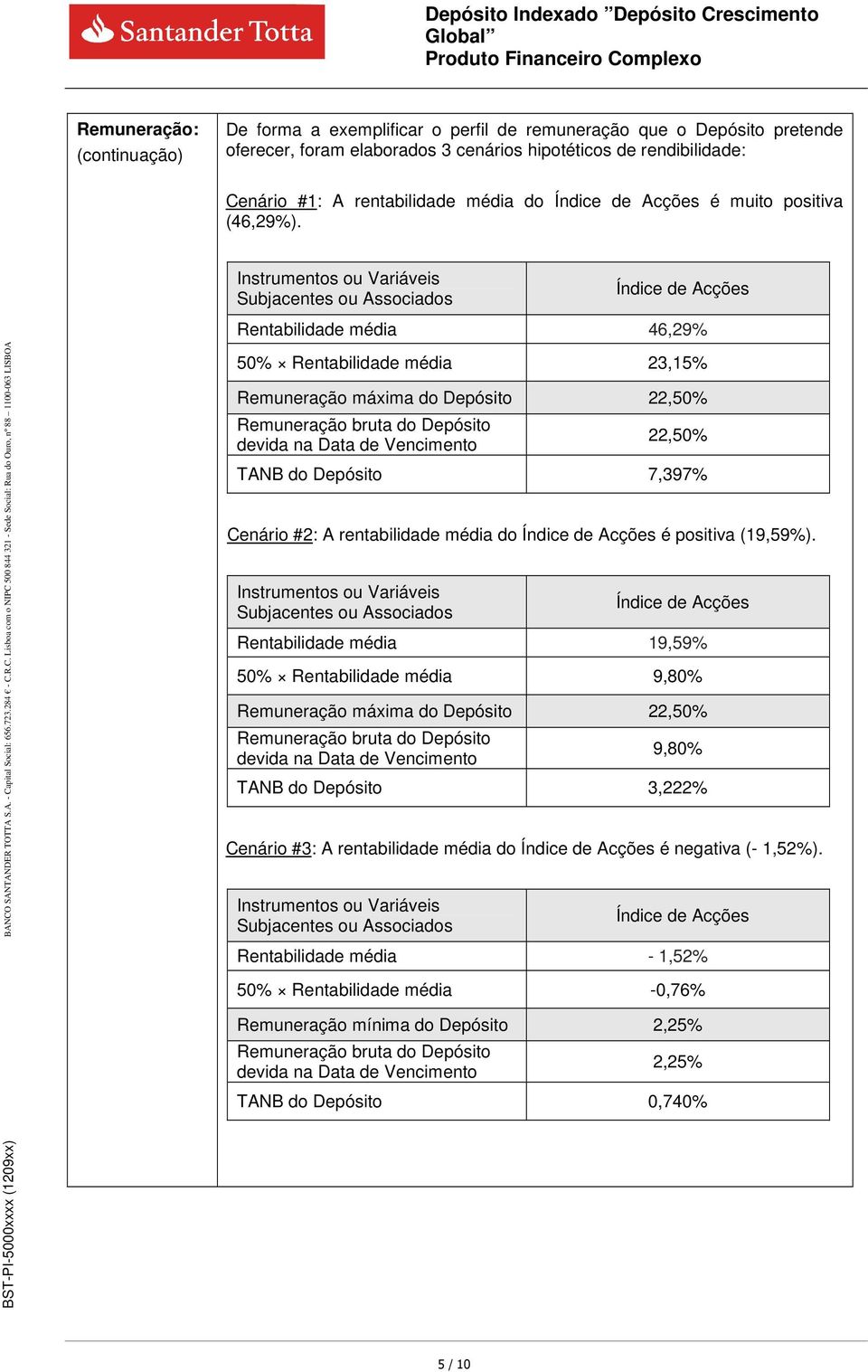 Instrumentos ou Variáveis Subjacentes ou Associados Índice de Acções Rentabilidade média 46,29% 50% Rentabilidade média 23,15% Remuneração máxima do Depósito 22,50% Remuneração bruta do Depósito