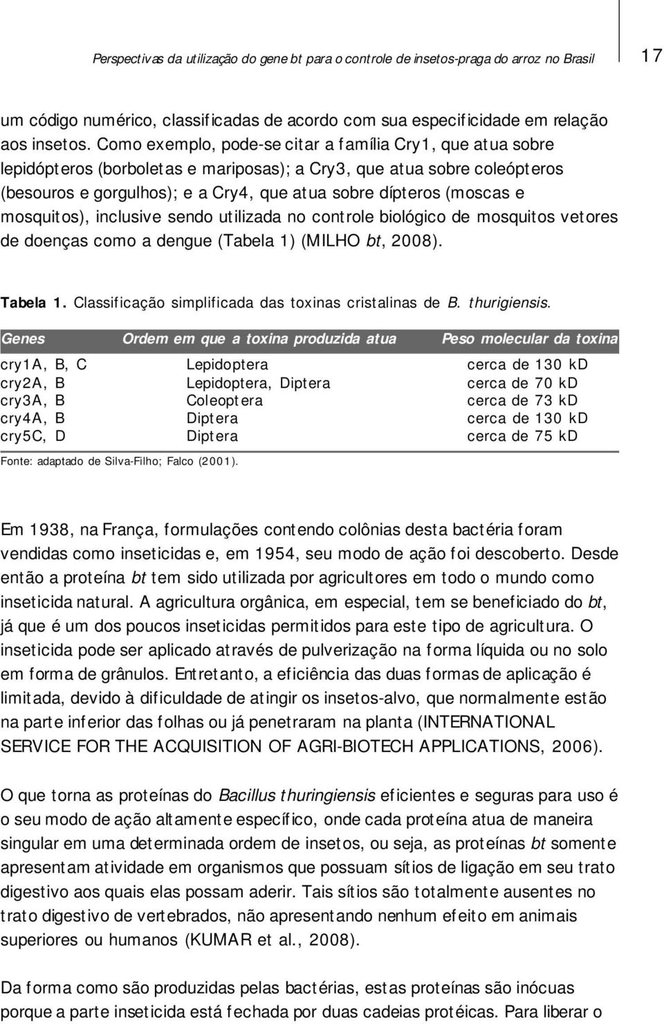 e mosquitos), inclusive sendo utilizada no controle biológico de mosquitos vetores de doenças como a dengue (Tabela 1) (MILHO bt, 2008). Tabela 1.