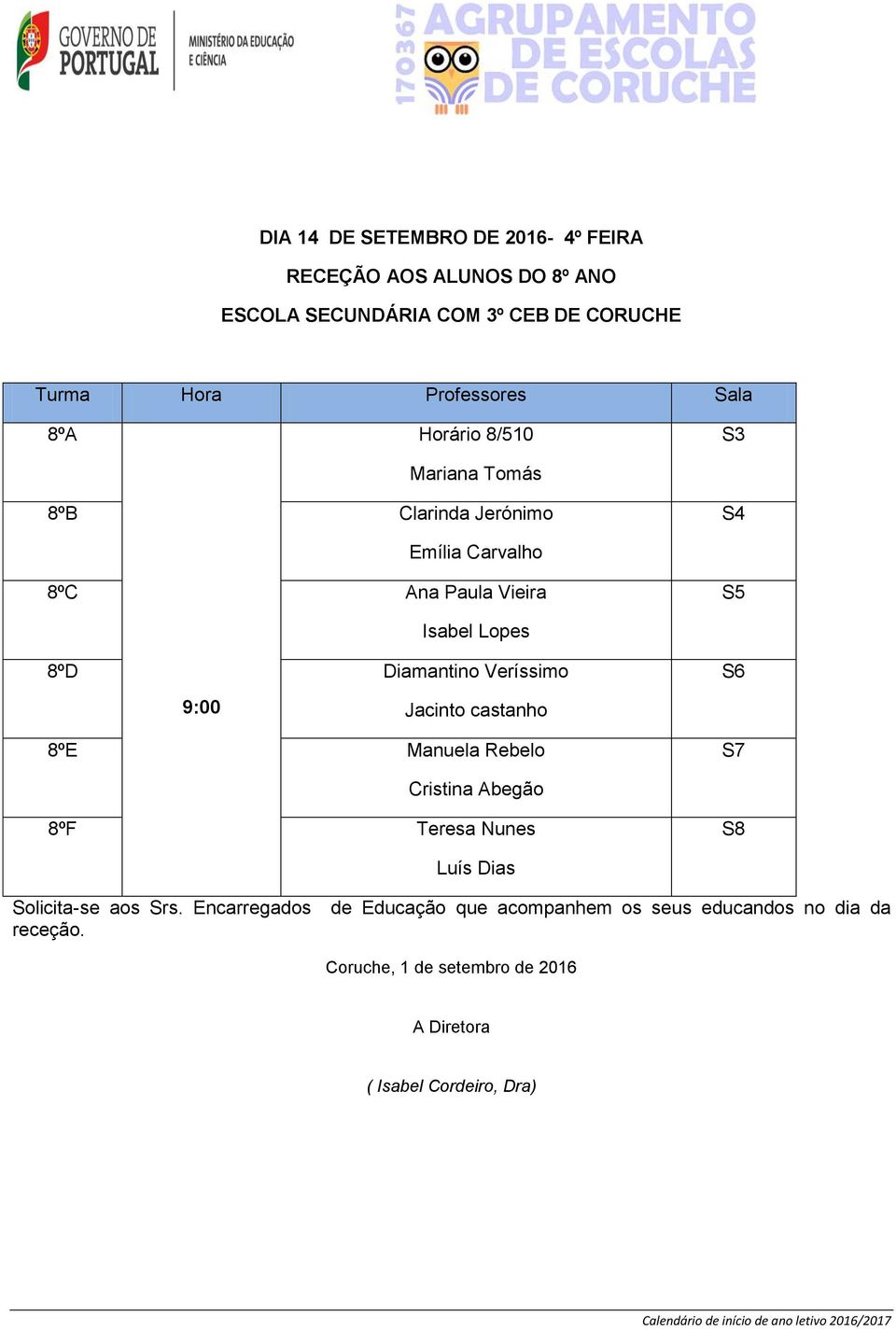 Diamantino Veríssimo 9:00 Jacinto castanho 8ºE Manuela Rebelo S6 S7 Cristina Abegão 8ºF Teresa Nunes S8 Luís Dias Solicita-se aos