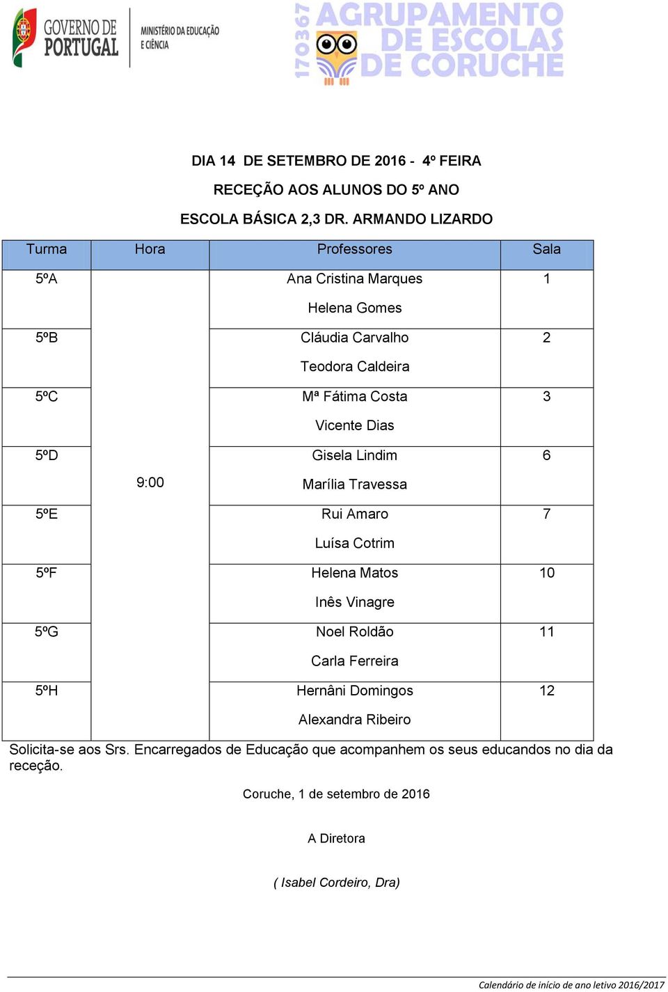 3 Vicente Dias 5ºD Gisela Lindim 9:00 Marília Travessa 5ºE Rui Amaro 6 7 Luísa Cotrim 5ºF Helena Matos 10 Inês Vinagre 5ºG Noel Roldão 11 Carla