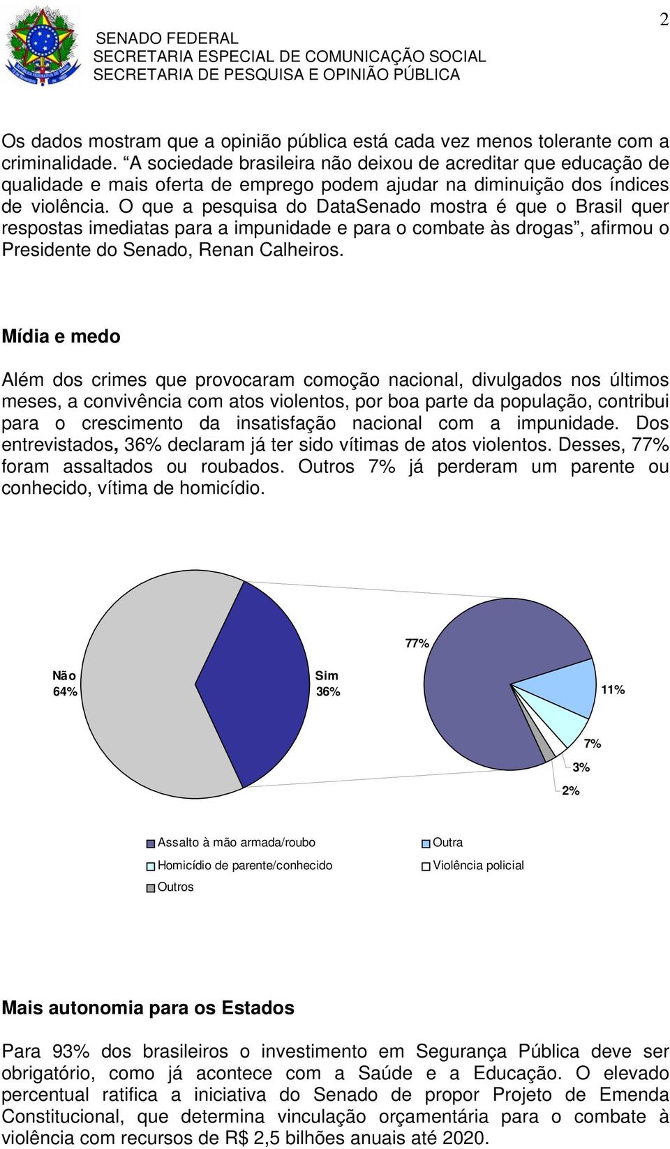 O que a pesquisa do DataSenado mostra é que o Brasil quer respostas imediatas para a impunidade e para o combate às drogas, afirmou o Presidente do Senado, Renan Calheiros.