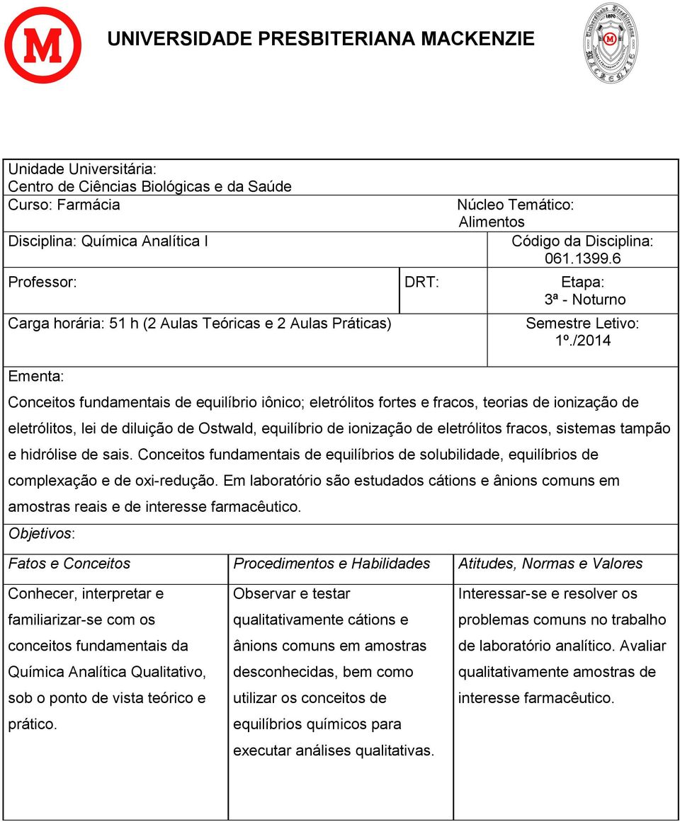 /2014 Conceitos fundamentais de equilíbrio iônico; eletrólitos fortes e fracos, teorias de ionização de eletrólitos, lei de diluição de Ostwald, equilíbrio de ionização de eletrólitos fracos,