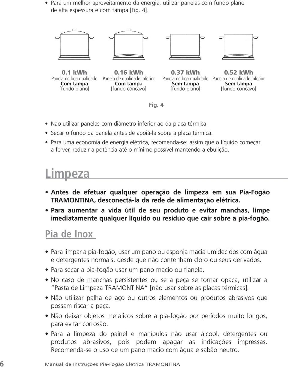 4 Não utilizar panelas com diâmetro inferior ao da placa térmica. Secar o fundo da panela antes de apoiá-la sobre a placa térmica.