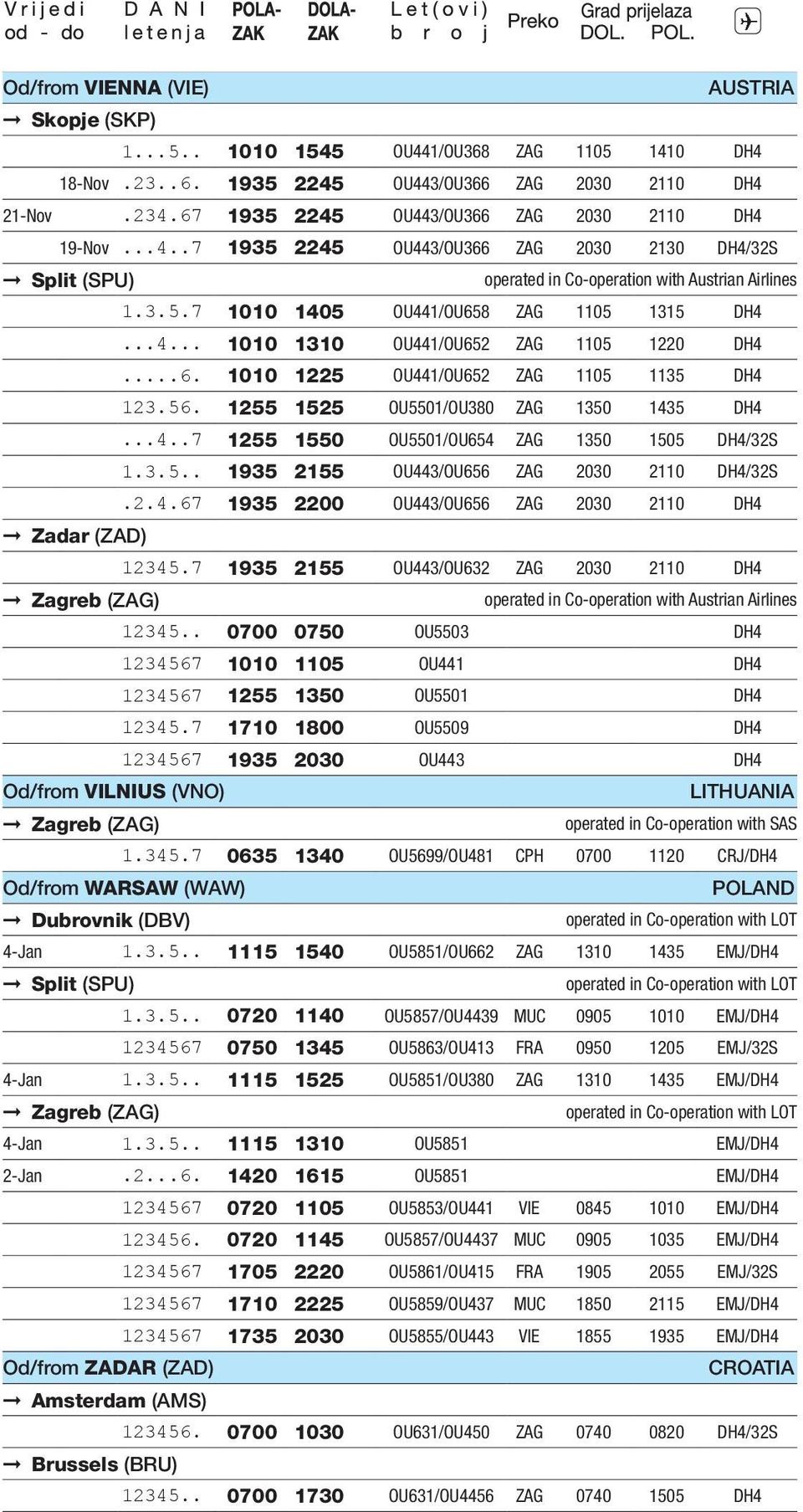 ..6. 1010 1225 OU441/OU652 ZAG 1105 1135 DH4 123.56. 1255 1525 OU5501/OU380 ZAG 1350 1435 DH4...4..7 1255 1550 OU5501/OU654 ZAG 1350 1505 DH4/32S 1.3.5.. 1935 2155 OU443/OU656 ZAG 2030 2110 DH4/32S.2.4.67 1935 2200 OU443/OU656 ZAG 2030 2110 DH4 1 7 Zadar (ZAD) 12345.