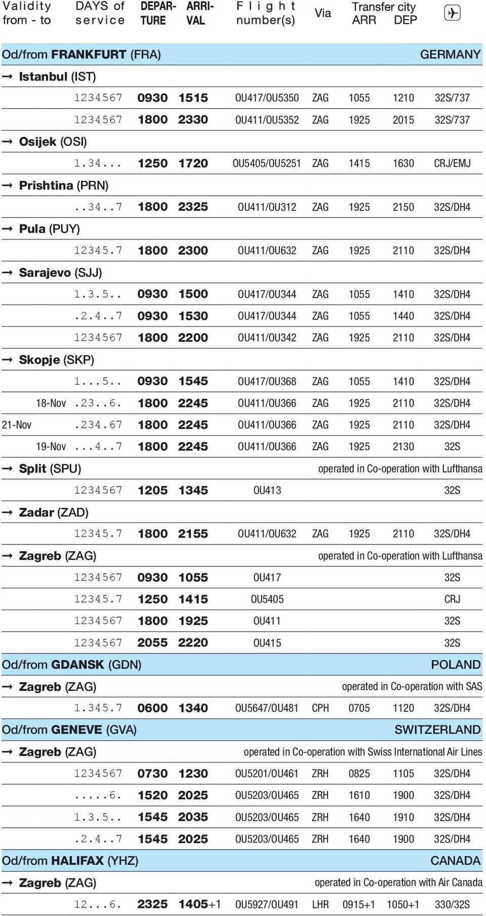 ..5.. 0930 1545 OU417/OU368 ZAG 1055 1410 32S/DH4 18-Nov.23..6. 1800 2245 OU411/OU366 ZAG 1925 2110 32S/DH4 21-Nov.234.67 1800 2245 OU411/OU366 ZAG 1925 2110 32S/DH4 19-Nov...4..7 1800 2245 OU411/OU366 ZAG 1925 2130 32S 1234567 1205 1345 OU413 32S 1 7 Zadar (ZAD) 12345.