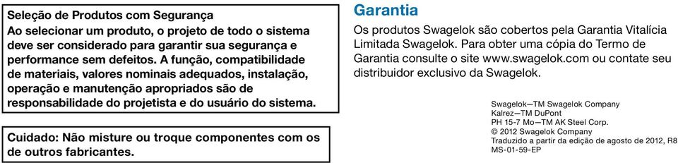 Cuidado: Não misture ou troque componentes com os de outros fabricantes. Garantia Os produtos Swagelok são cobertos pela Garantia Vitalícia Limitada Swagelok.