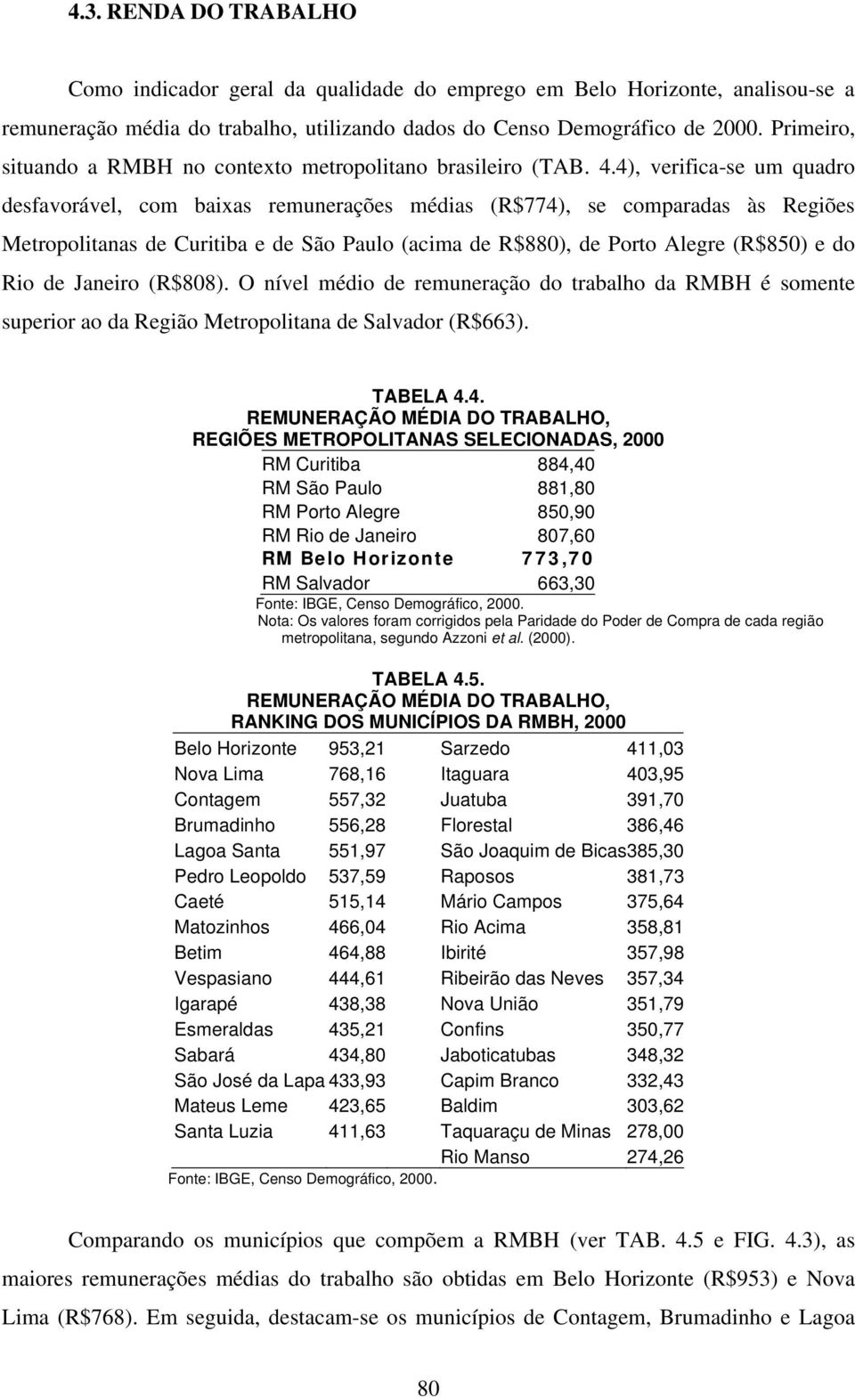 4), verifica-se um quadro desfavorável, com baixas remunerações médias (R$774), se comparadas às Regiões Metropolitanas de Curitiba e de São Paulo (acima de R$880), de Porto Alegre (R$850) e do Rio