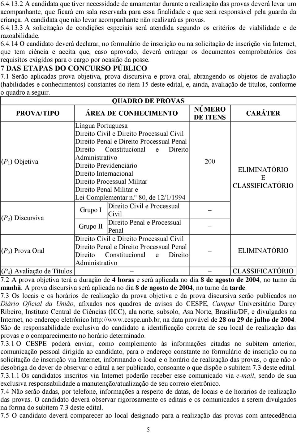 criança. A candidata que não levar acompanhante não realizará as provas. 3 A solicitação de condições especiais será atendida segundo os critérios de viabilidade e de razoabilidade. 6.4.