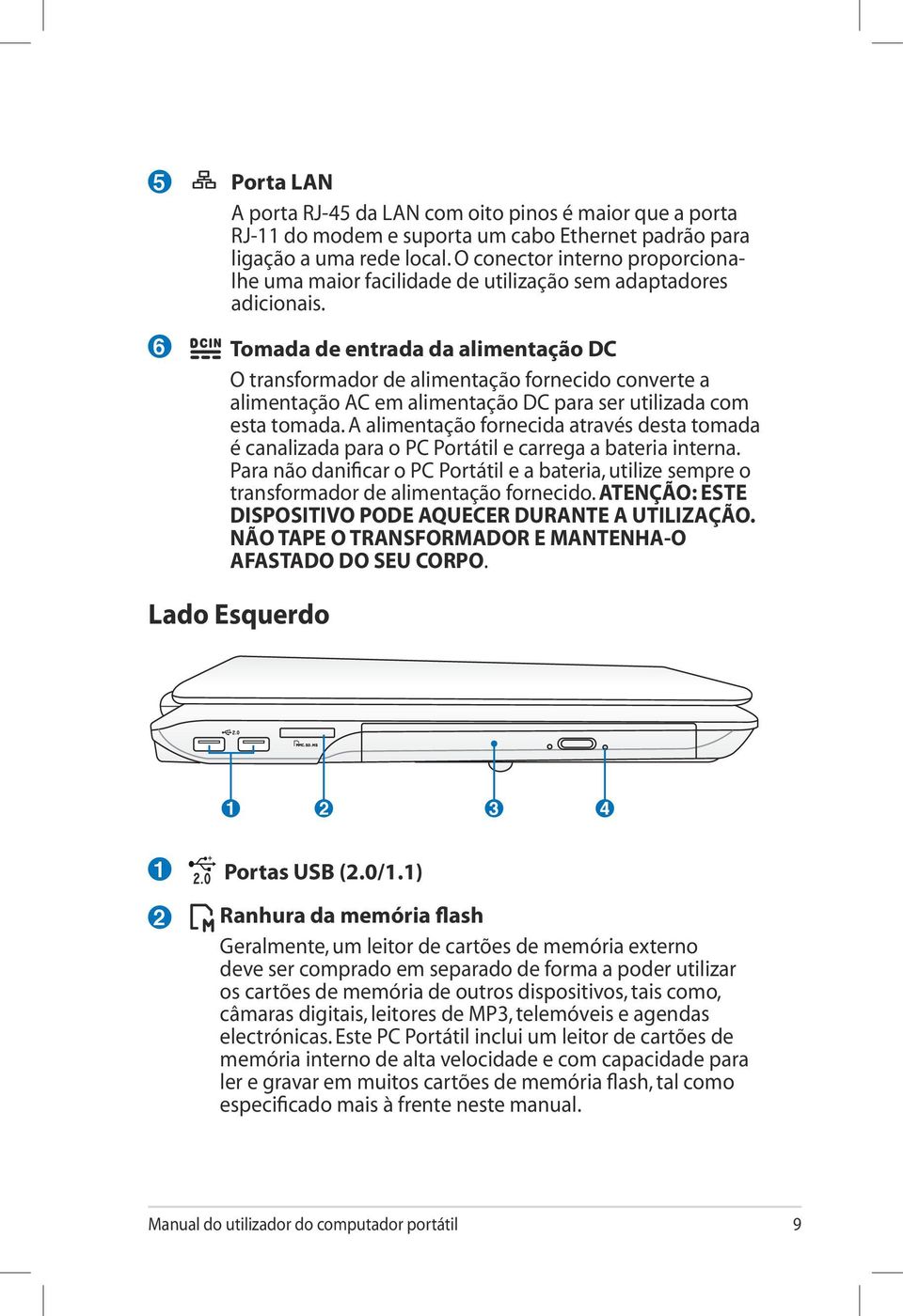 6 Tomada de entrada da alimentação DC O transformador de alimentação fornecido converte a alimentação AC em alimentação DC para ser utilizada com esta tomada.