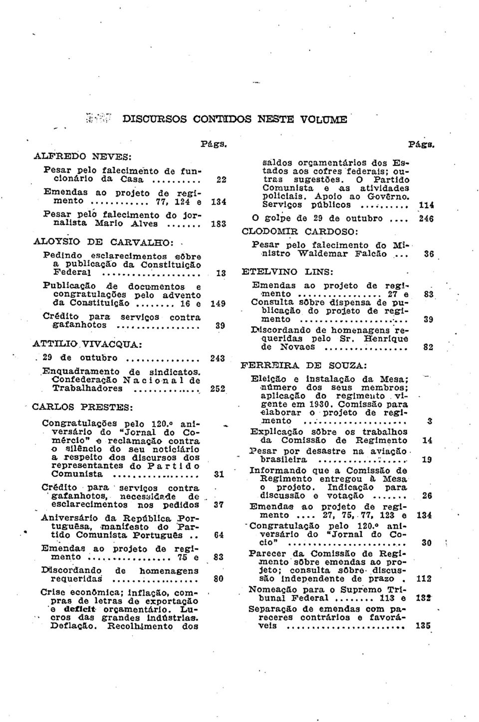 ........... 77, 124 e 134 Pesar pelo falecimento do jornalista Mario Alv es...... 183 ALOYSIO DE CARVALHO:. Pedindo esclarecimentos sôbre a publicação da Constituição Federal.......... 13 Publicação.