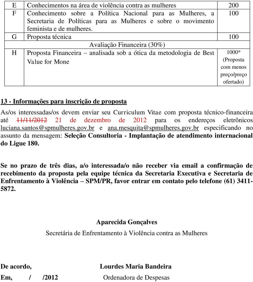 G Proposta técnica 100 Avaliação Financeira (30%) H Proposta Financeira analisada sob a ótica da metodologia de Best Value for Mone 1000* (Proposta com menos preço/preço ofertado) 13 - Informações