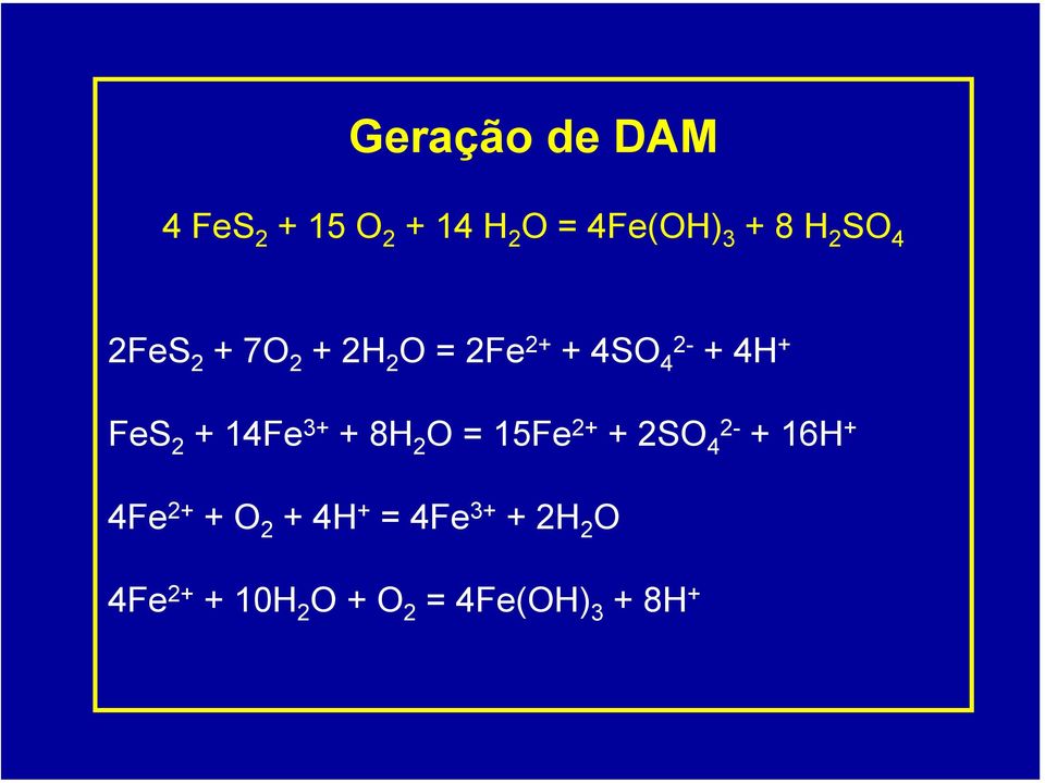 14Fe 3+ + 8H 2 O = 15Fe 2+ + 2SO 2-4 + 16H + 4Fe 2+ + O 2 + 4H