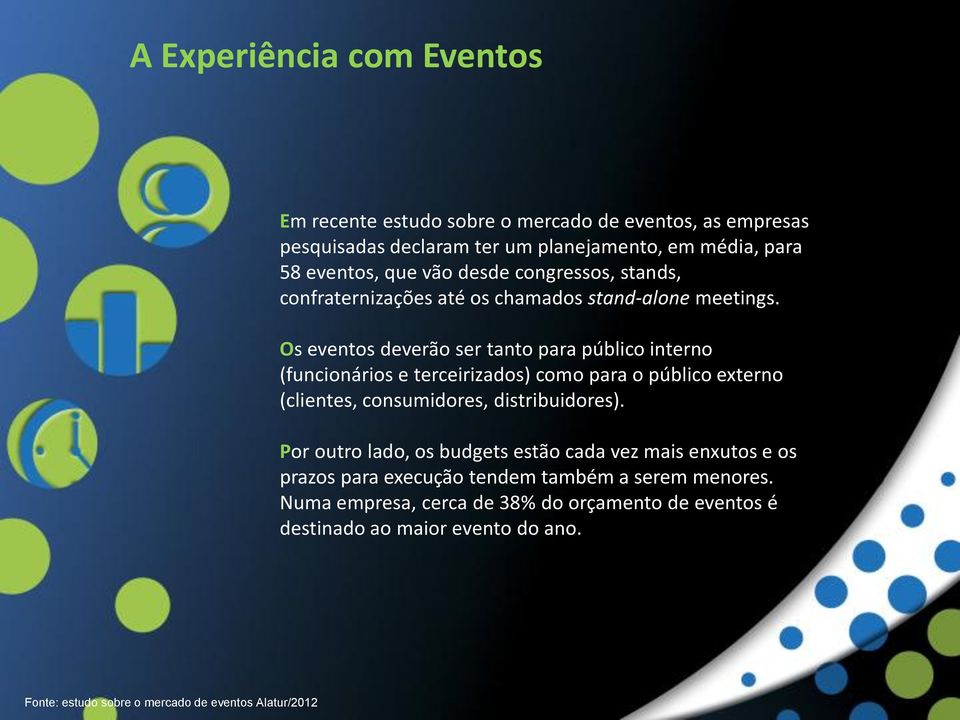 Os eventos deverão ser tanto para público interno (funcionários e terceirizados) como para o público externo (clientes, consumidores, distribuidores).