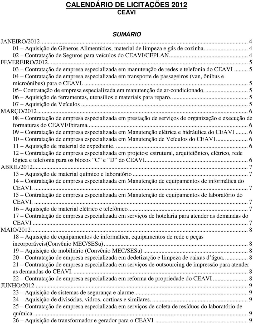 .. 5 04 Contratação de empresa especializada em transporte de passageiros (van, ônibus e microônibus) para o CEAVI.... 5 05 Contratação de empresa especializada em manutenção de ar-condicionado.