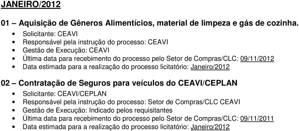 estimada para a realização do processo licitatório: Janeiro/2012 02 Contratação de Seguros para veículos do CEAVI/CEPLAN /CEPLAN Gestão