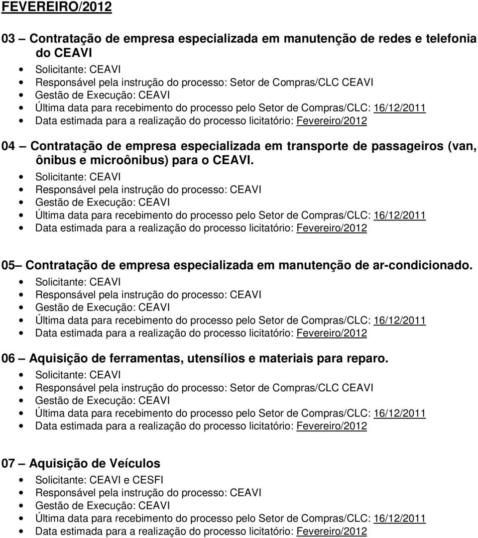 Responsável pela instrução do processo: CEAVI Última data para recebimento do processo pelo Setor de Compras/CLC: 16/12/2011 Data estimada para a realização do processo licitatório: Fevereiro/2012 05