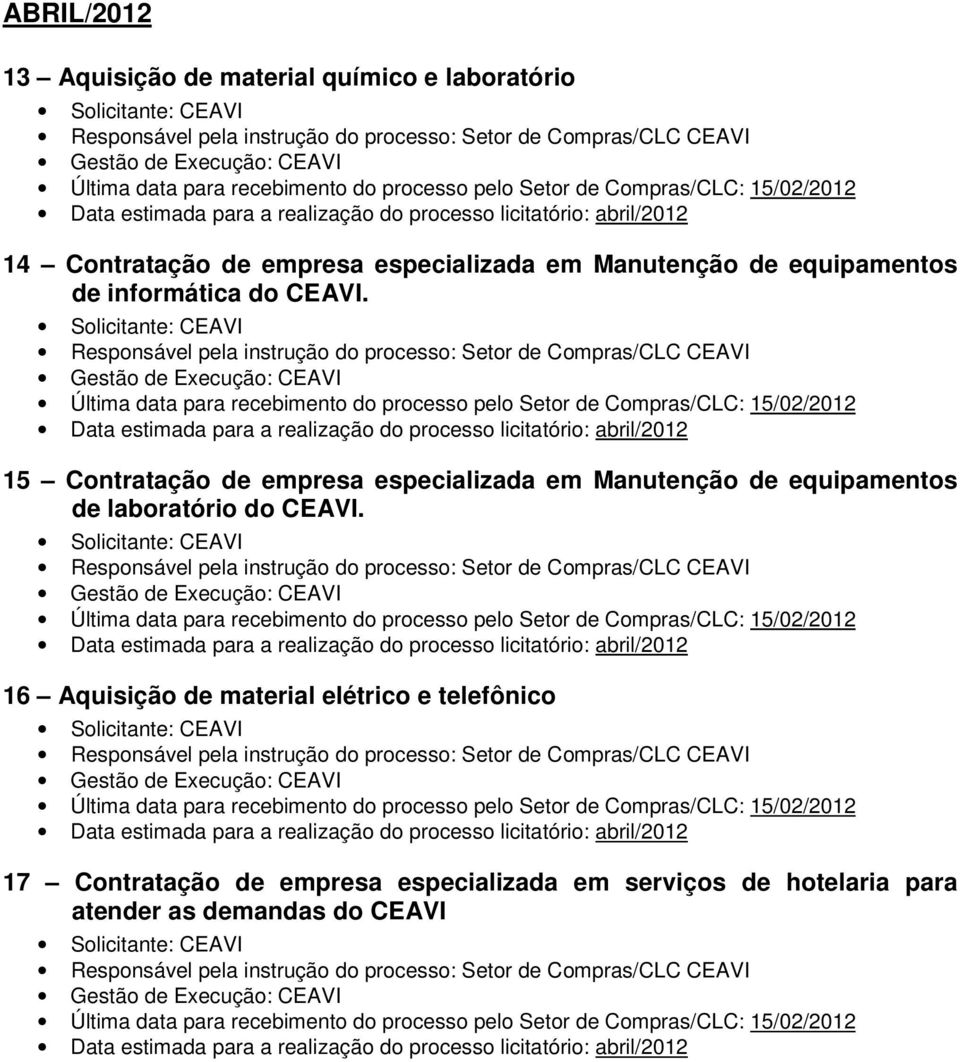 Última data para recebimento do processo pelo Setor de Compras/CLC: 15/02/2012 Data estimada para a realização do processo licitatório: abril/2012 15 Contratação de empresa especializada em