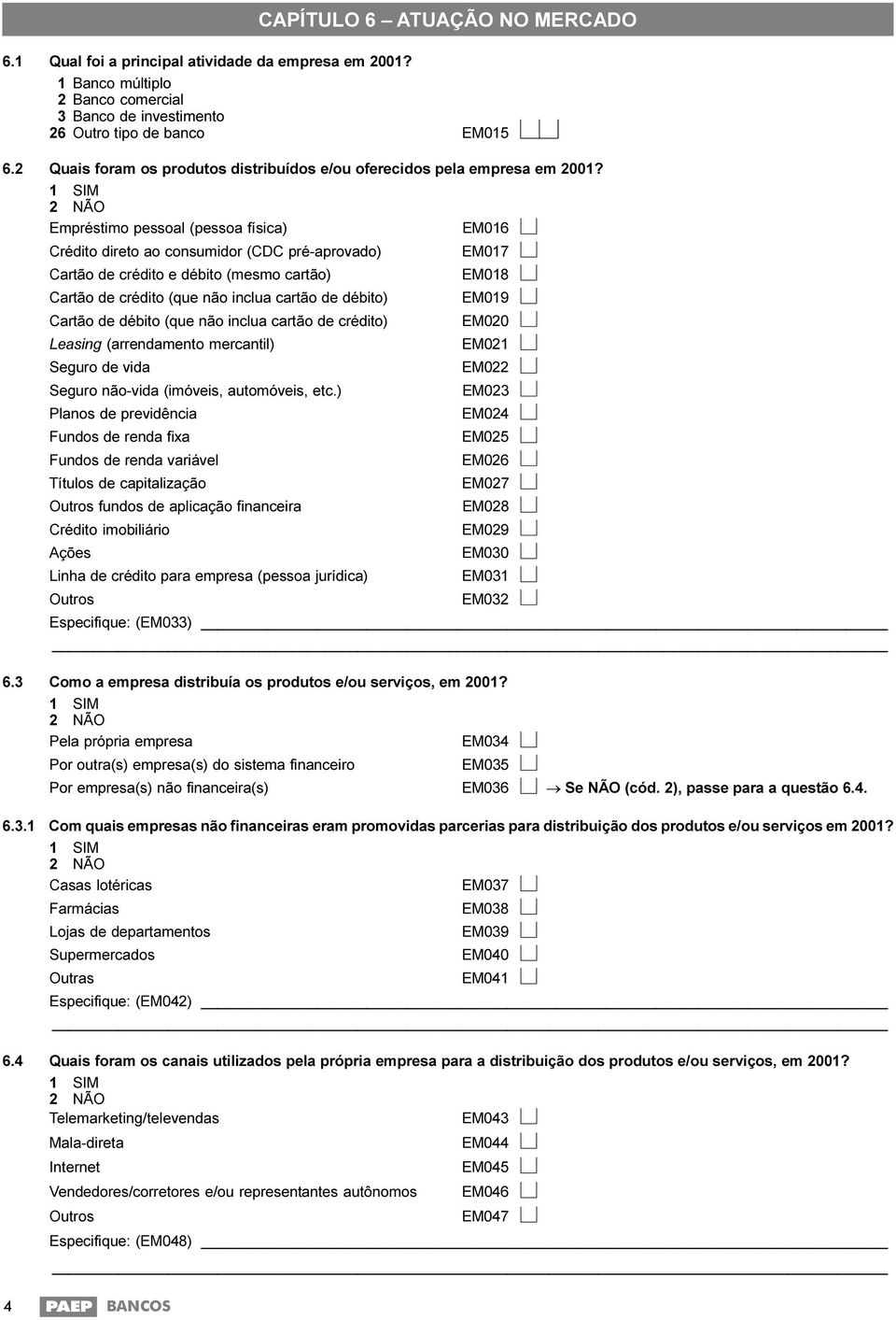 Empréstimo pessoal (pessoa física) EM016 Crédito direto ao consumidor (CDC pré-aprovado) EM017 Cartão de crédito e débito (mesmo cartão) EM018 Cartão de crédito (que não inclua cartão de débito)