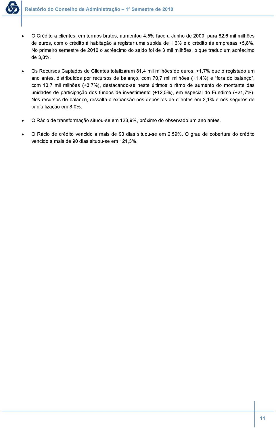 Os Recursos Captados de Clientes totalizaram 81,4 mil milhões de euros, +1,7% que o registado um ano antes, distribuídos por recursos de balanço, com 70,7 mil milhões (+1,4%) e fora do balanço, com