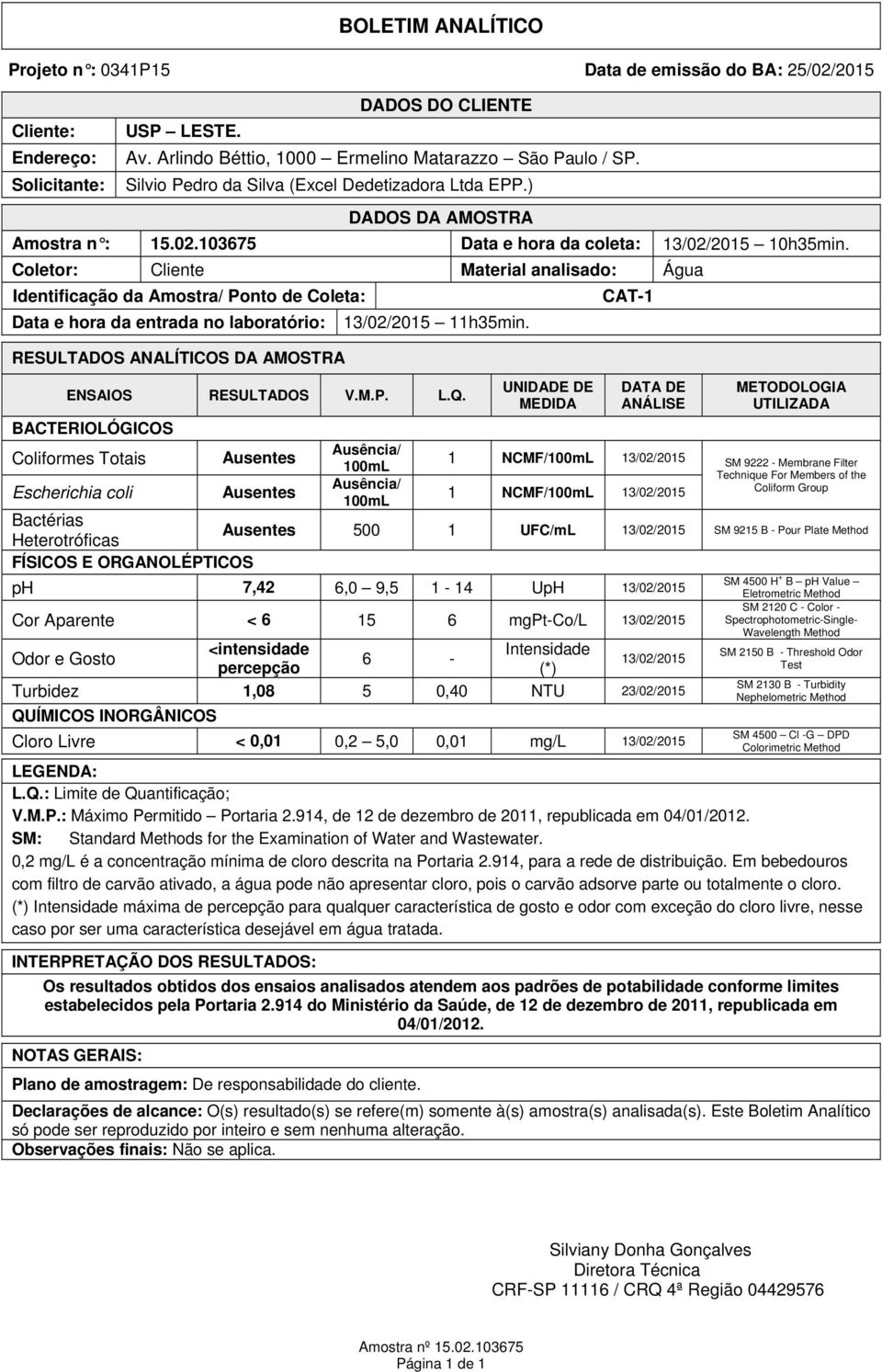 6 15 6 mgpt-co/l Turbidez 1,08 5 0,40 NTU 23/02/2015 Cloro Livre < 0,01 0,2 5,0 0,01 mg/l V.M.P.: Máximo Permitido Portaria 2.