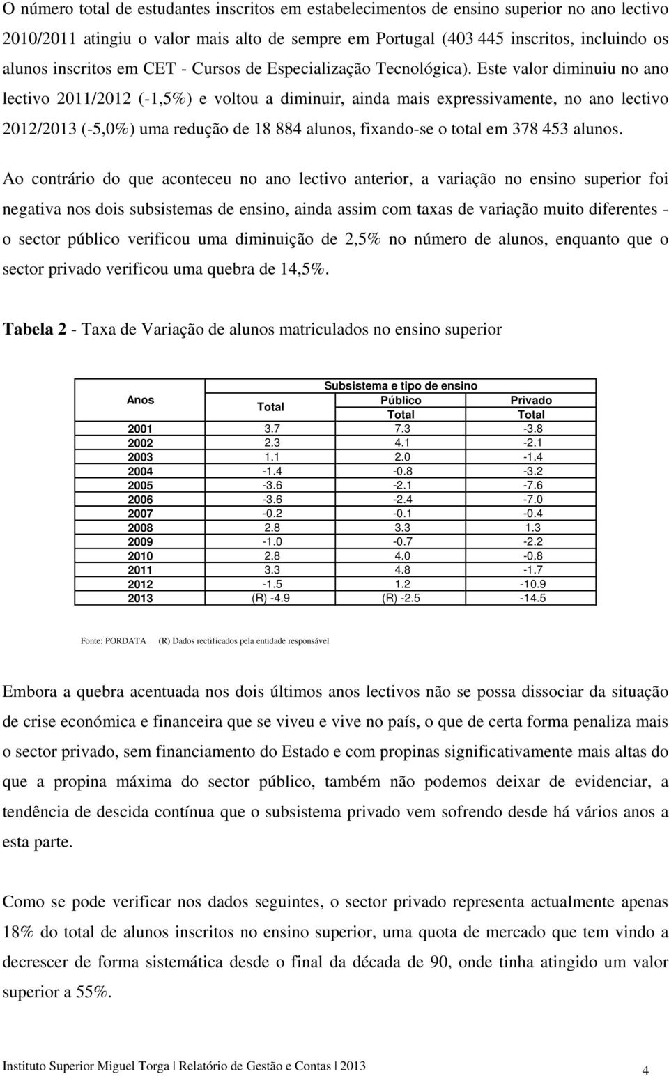 Este valor diminuiu no ano lectivo 2011/2012 (-1,5%) e voltou a diminuir, ainda mais expressivamente, no ano lectivo 2012/2013 (-5,0%) uma redução de 18 884 alunos, fixando-se o total em 378 453