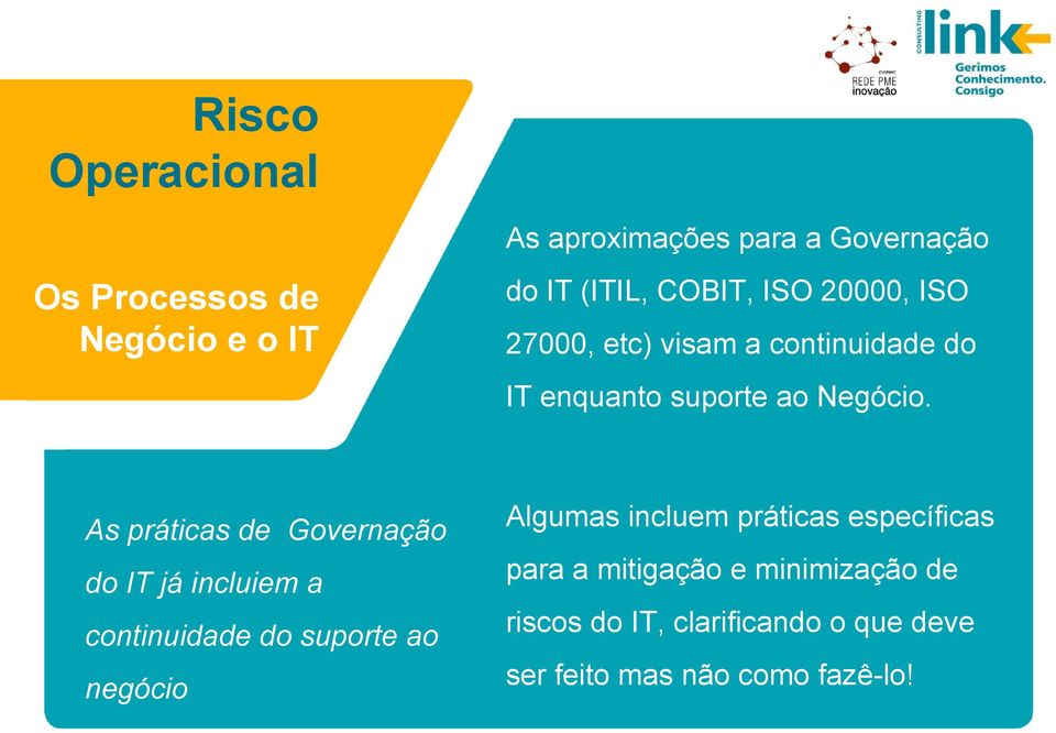 As práticas de Governação do IT já incluiem a continuidade do suporte ao negócio Algumas incluem