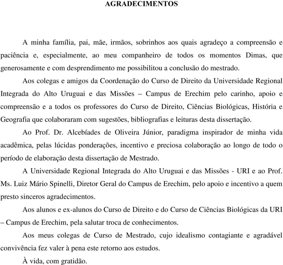 Aos colegas e amigos da Coordenação do Curso de Direito da Universidade Regional Integrada do Alto Uruguai e das Missões Campus de Erechim pelo carinho, apoio e compreensão e a todos os professores