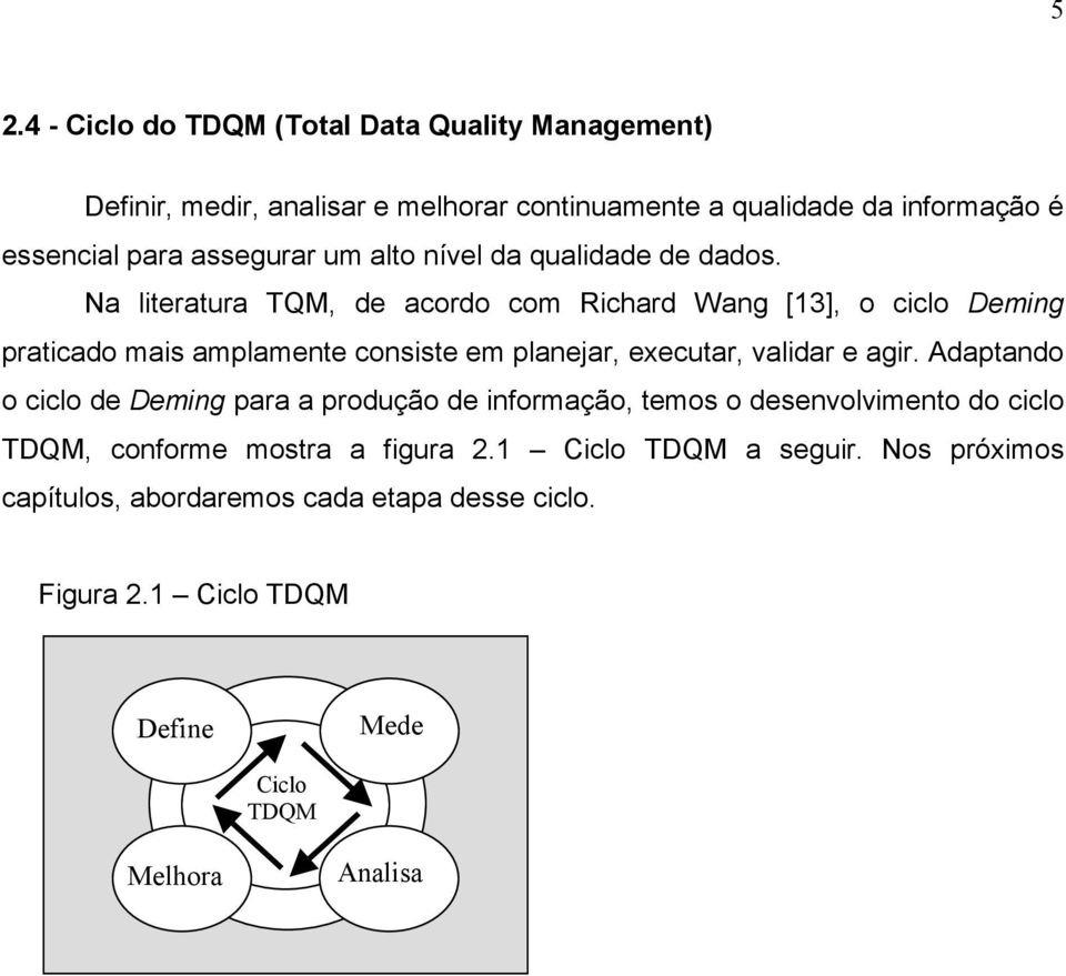 Na literatura TQM, de acordo com Richard Wang [13], o ciclo Deming praticado mais amplamente consiste em planejar, executar, validar e agir.