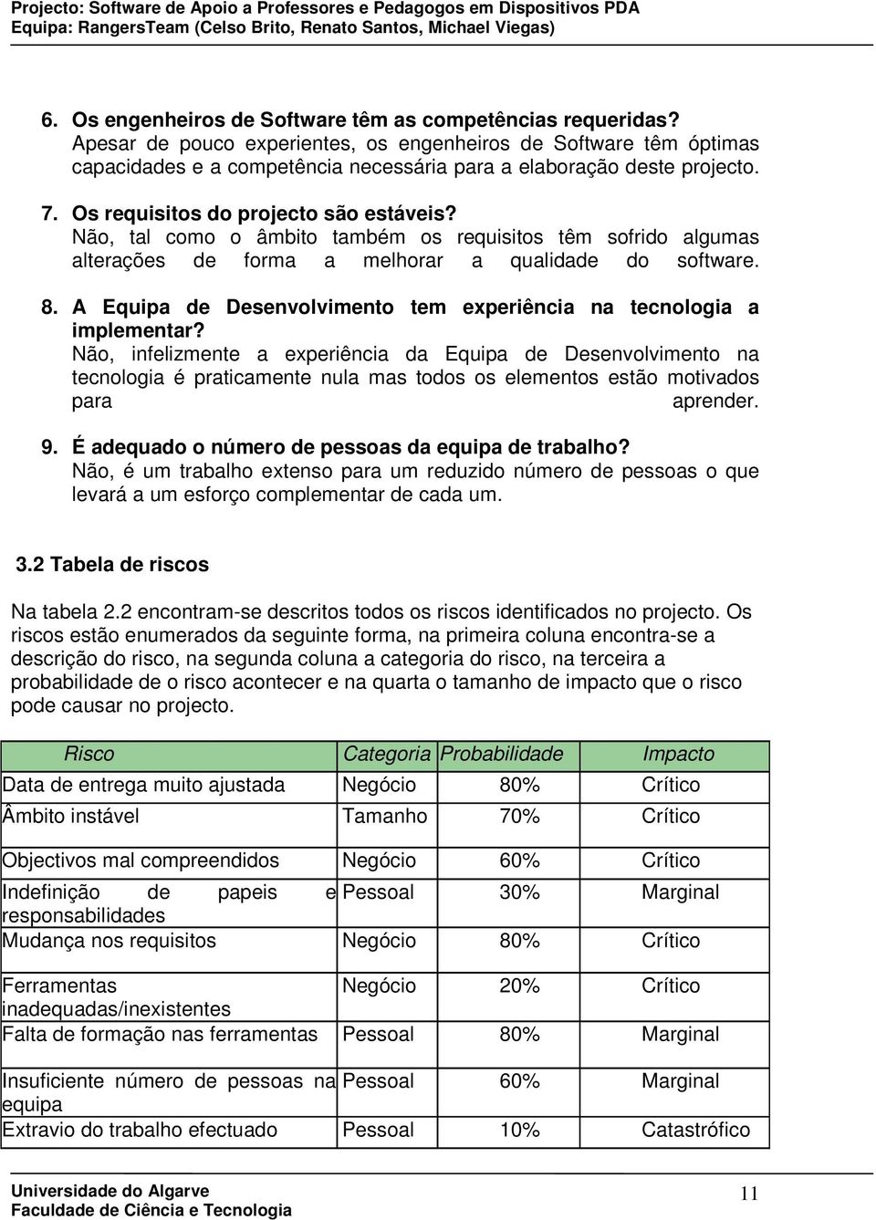 Não, tal como o âmbito também os requisitos têm sofrido algumas alterações de forma a melhorar a qualidade do software. 8. A Equipa de Desenvolvimento tem experiência na tecnologia a implementar?